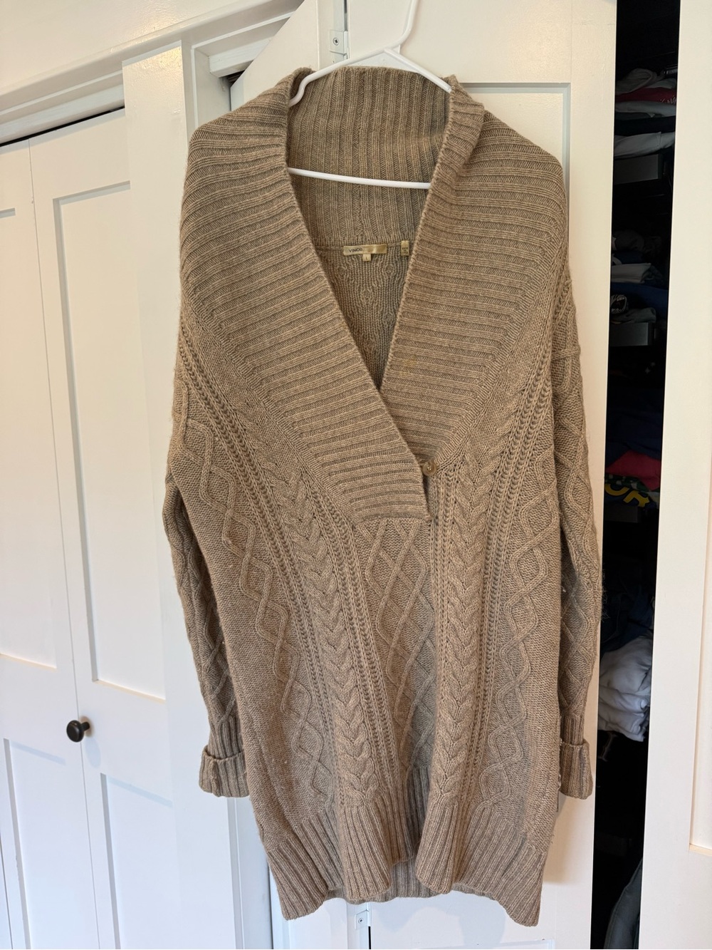 Vince Cozy Shawl Collar Cable Knit Sweater - Taupe Size L